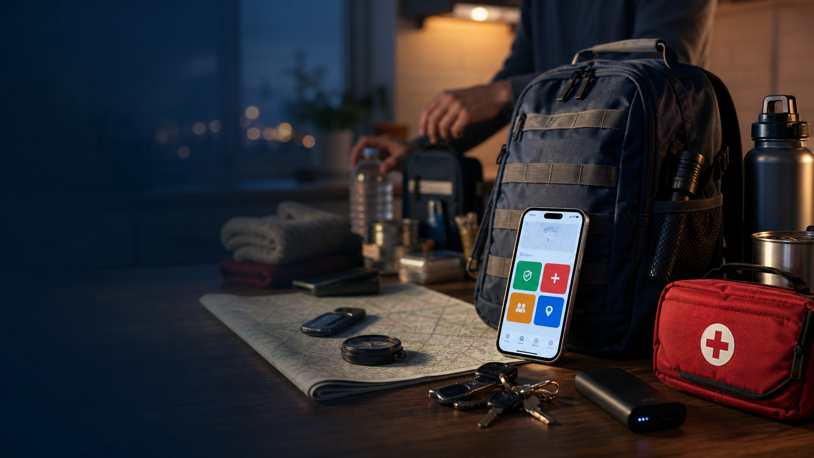 Emergency supplies, phone, and family preparedness items